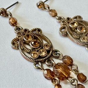 Antique Gold Tone Amber Beaded Stones Victorian Style Dangle Chandelier Earrings